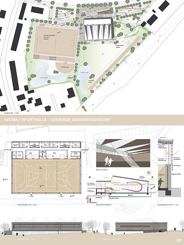 Wettbewerb Sporthalle Sigmaringendorf, Wettbewerbsentwurf Blatt 1
